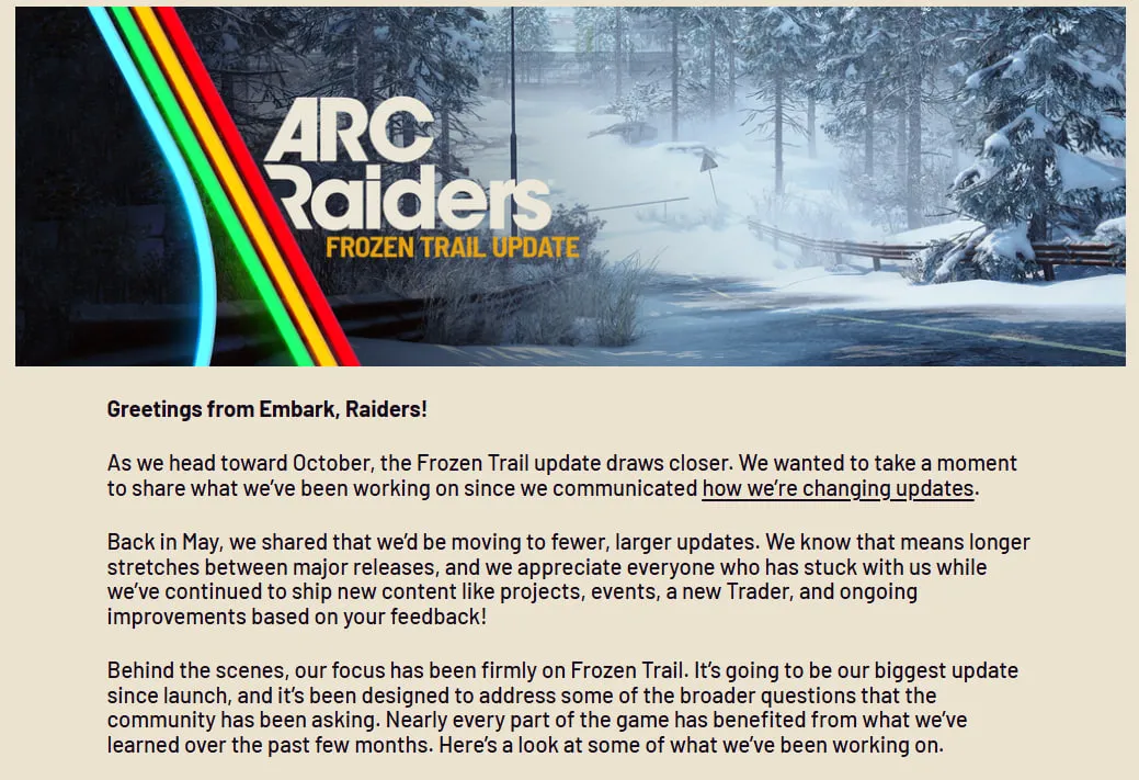 Arc Raiders Frozen Trail update announcement