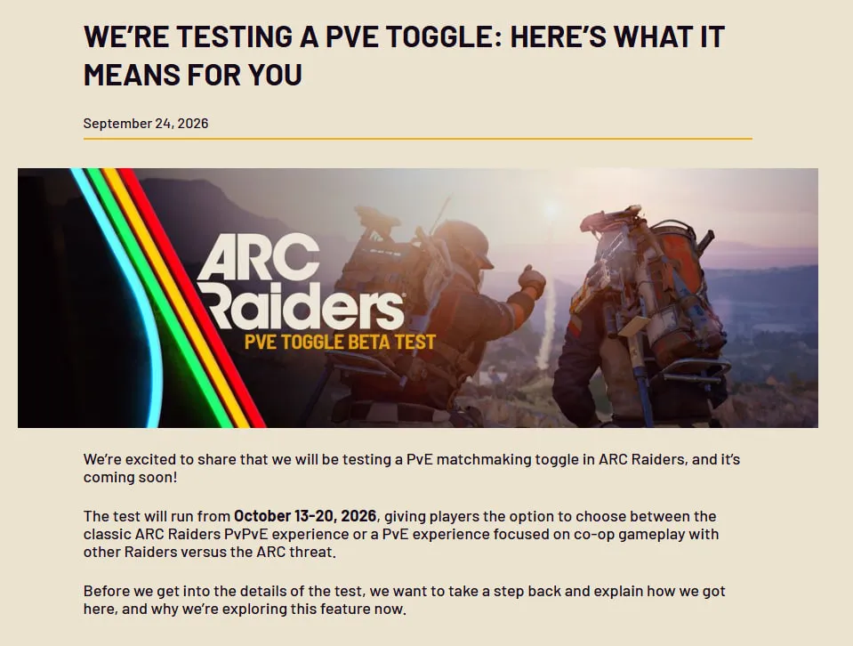 Arc Raiders PVE toggle announcement