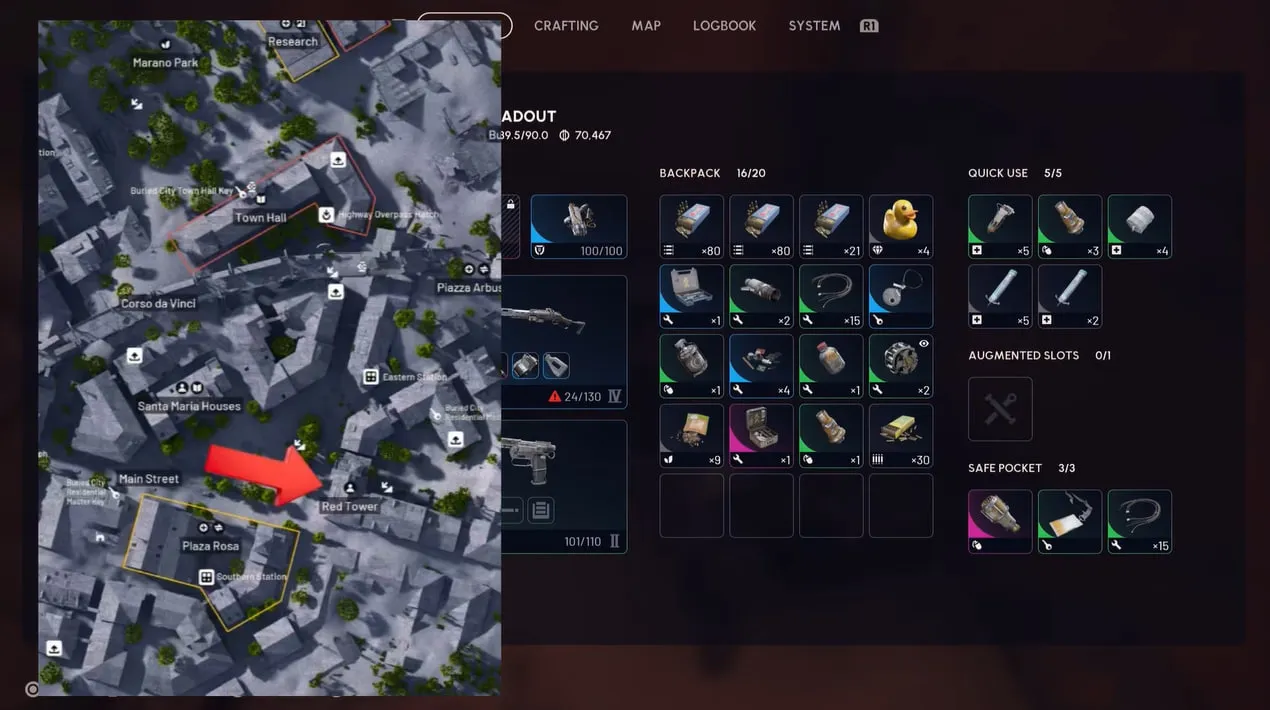 Map area around red tower
